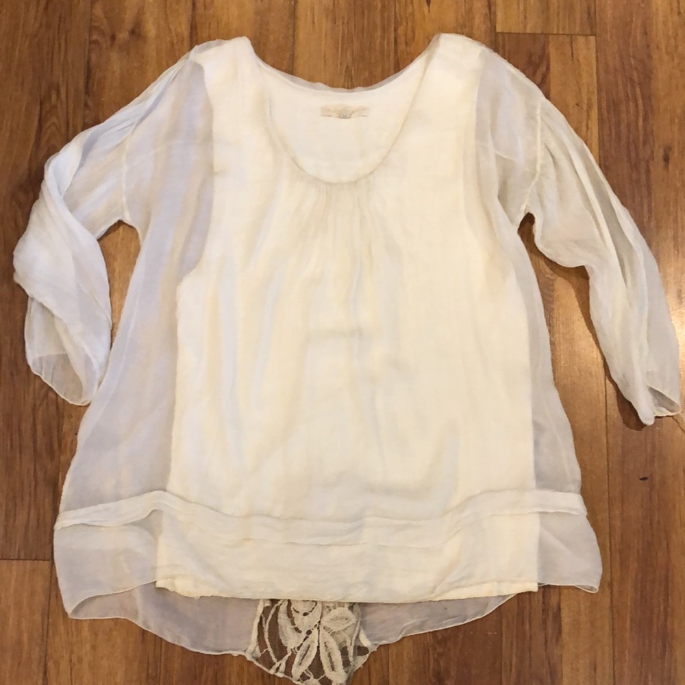 Pure silk poet blouse with lace insert and abalone buttons - Picture 8 of 15